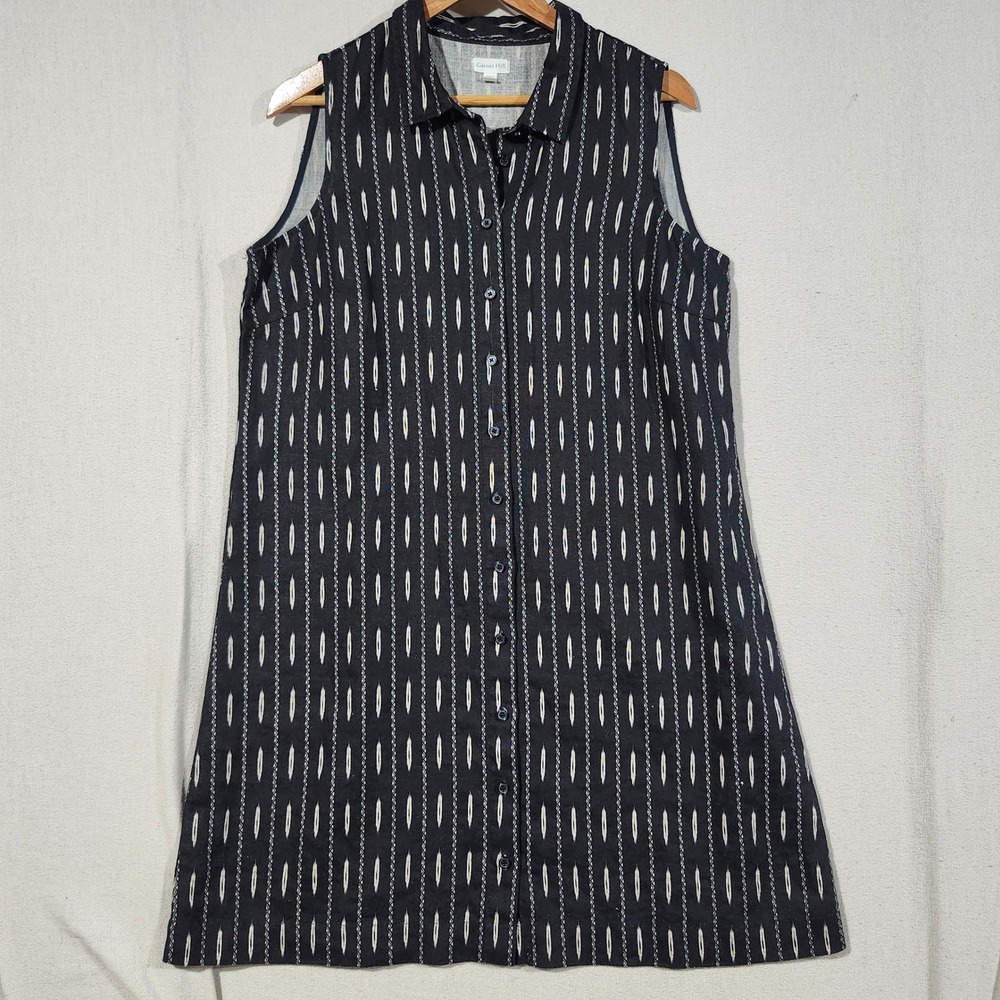 Garnet Hill Women 12 Black White Ikat Stripe 100% Linen Sleeveless Button Dress